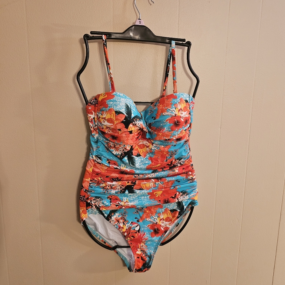 Relleciga Tropical Floral Print Parrot Convertible One Piece